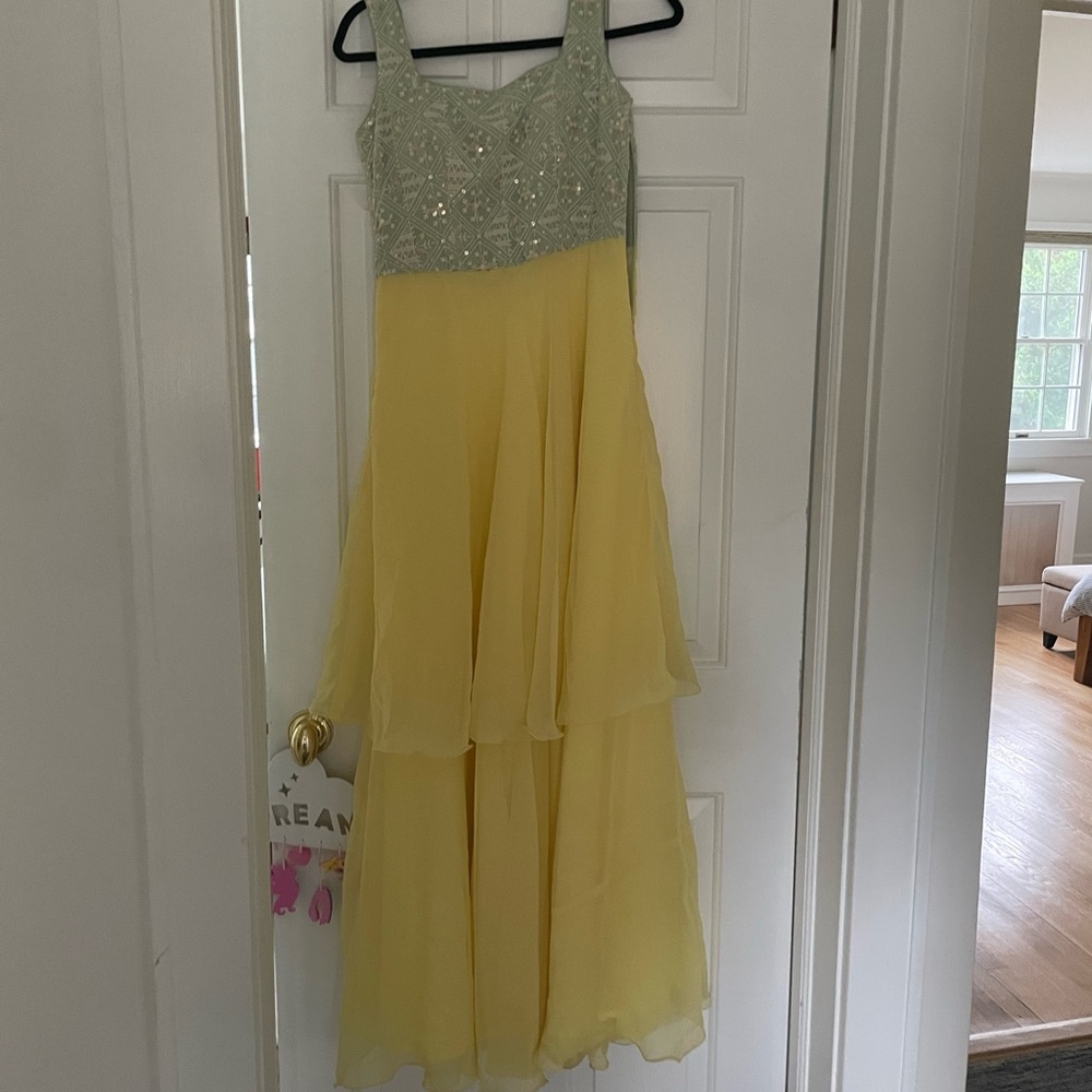Yellow and Green Layered Indian Dress